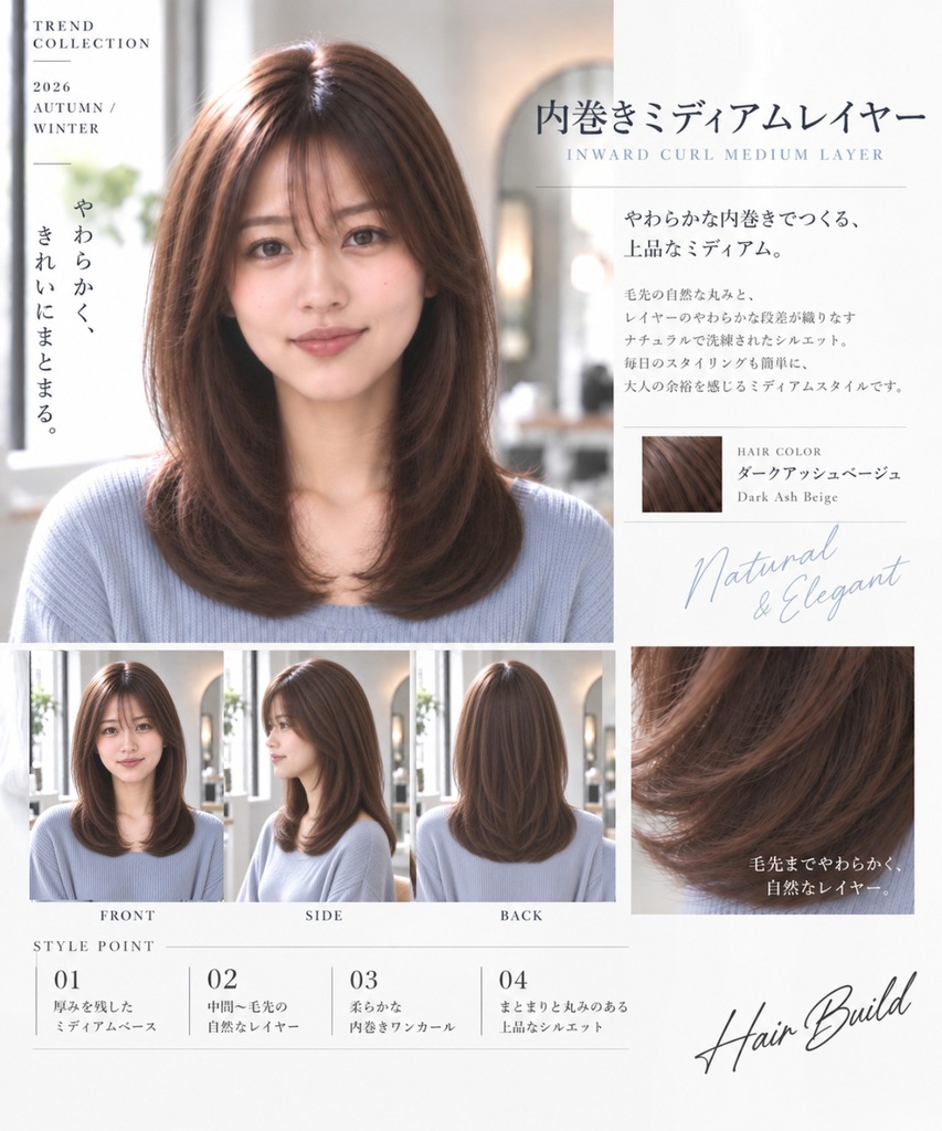 【TREND COLLECTION｜内巻きミディアムレイヤー】美容師・ヘアサロン向け ヘアカタログ素材｜FRONT・SIDE・BACK＋商品説明｜商用利用OK