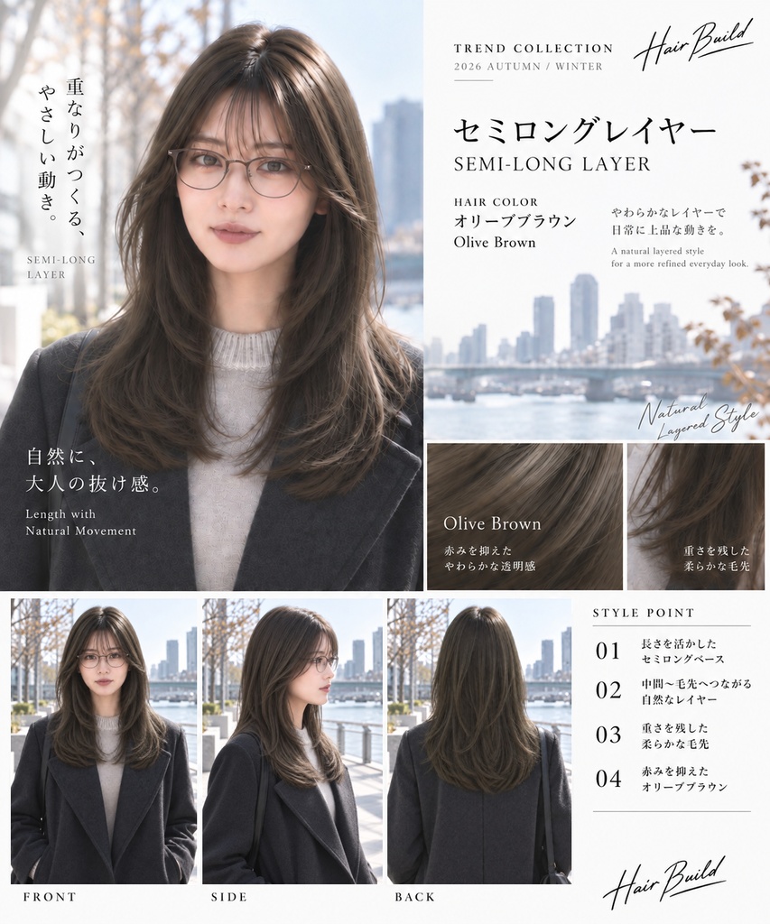 【TREND COLLECTION|セミロングレイヤー】美容師・ヘアサロン向け ヘアカタログ素材|FRONT・SIDE・BACK+商品説明|商用利用OK