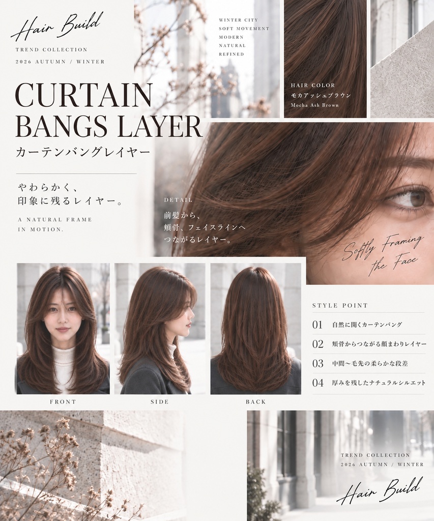 【TREND COLLECTION｜カーテンバングレイヤー】美容師・ヘアサロン向け ヘアカタログ素材｜FRONT・SIDE・BACK＋商品説明｜商用利用OK