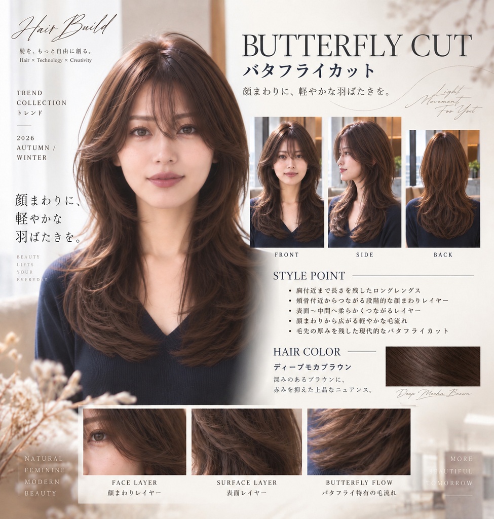 【TREND COLLECTION|バタフライカット】美容師・ヘアサロン向け ヘアカタログ素材|FRONT・SIDE・BACK+商品説明|商用利用OK