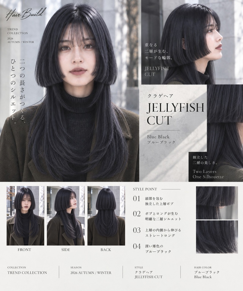 【TREND COLLECTION｜クラゲヘア】美容師・ヘアサロン向け ヘアカタログ素材｜FRONT・SIDE・BACK＋商品説明｜商用利用OK
