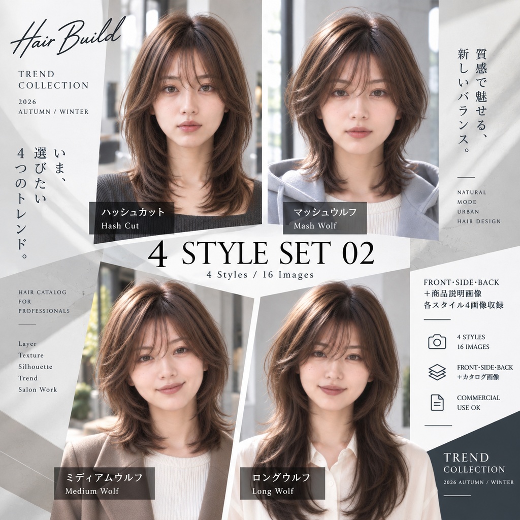 【TREND COLLECTION｜4スタイルセット②】美容師・ヘアサロン向け ヘアカタログ素材｜4スタイル・全16画像｜商用利用OK