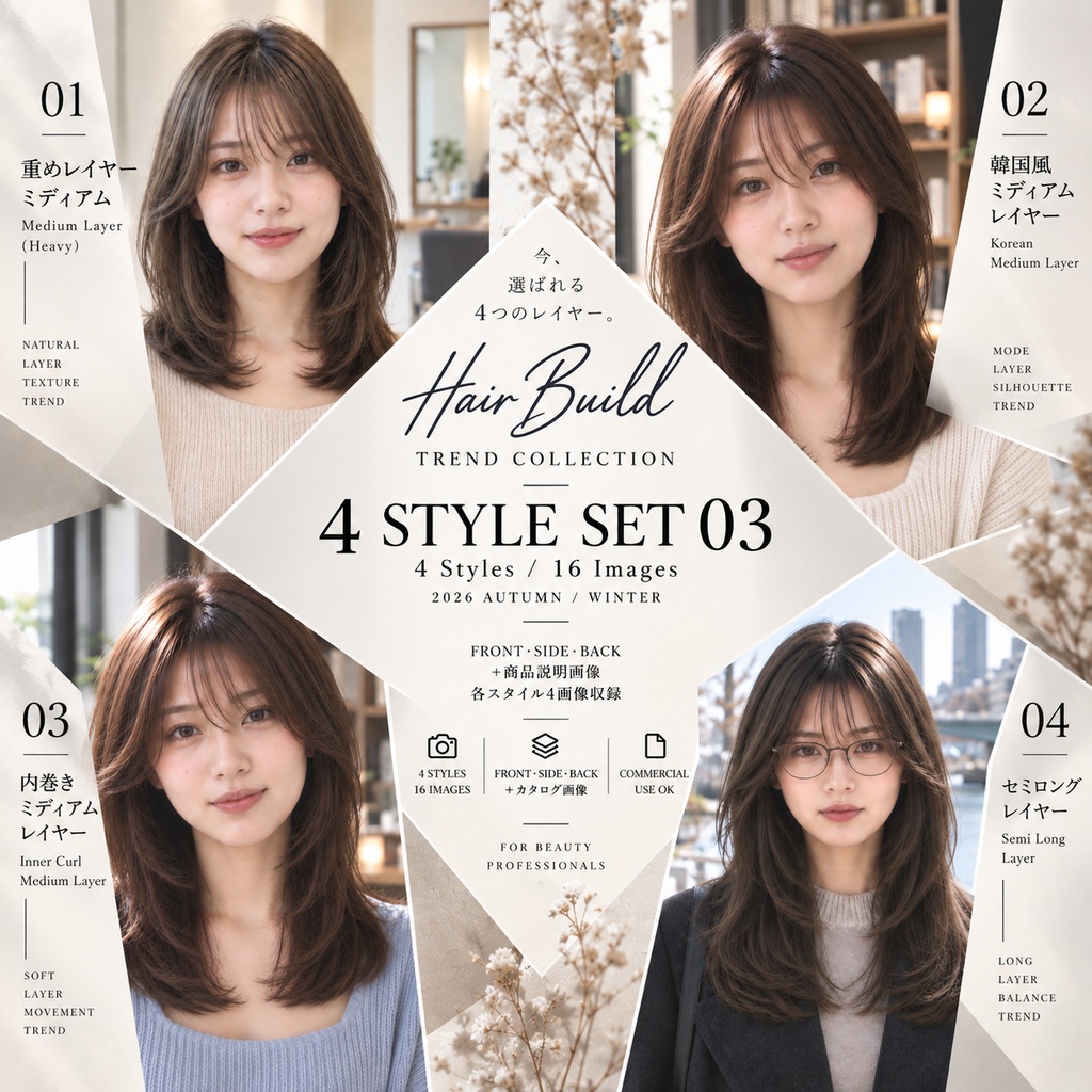 【TREND COLLECTION｜4スタイルセット③】美容師・ヘアサロン向け ヘアカタログ素材｜4スタイル・全16画像｜商用利用OK