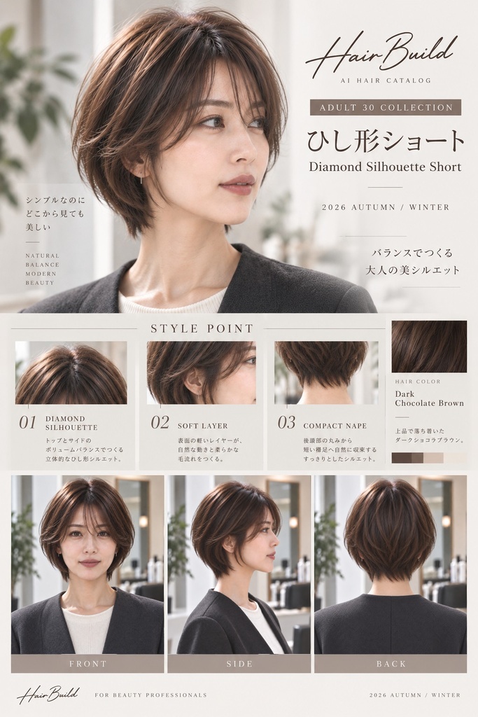 【Hair Build｜ADULT 30 COLLECTION】ひし形ショート｜AIヘアカタログ FRONT・SIDE・BACK 3方向セット