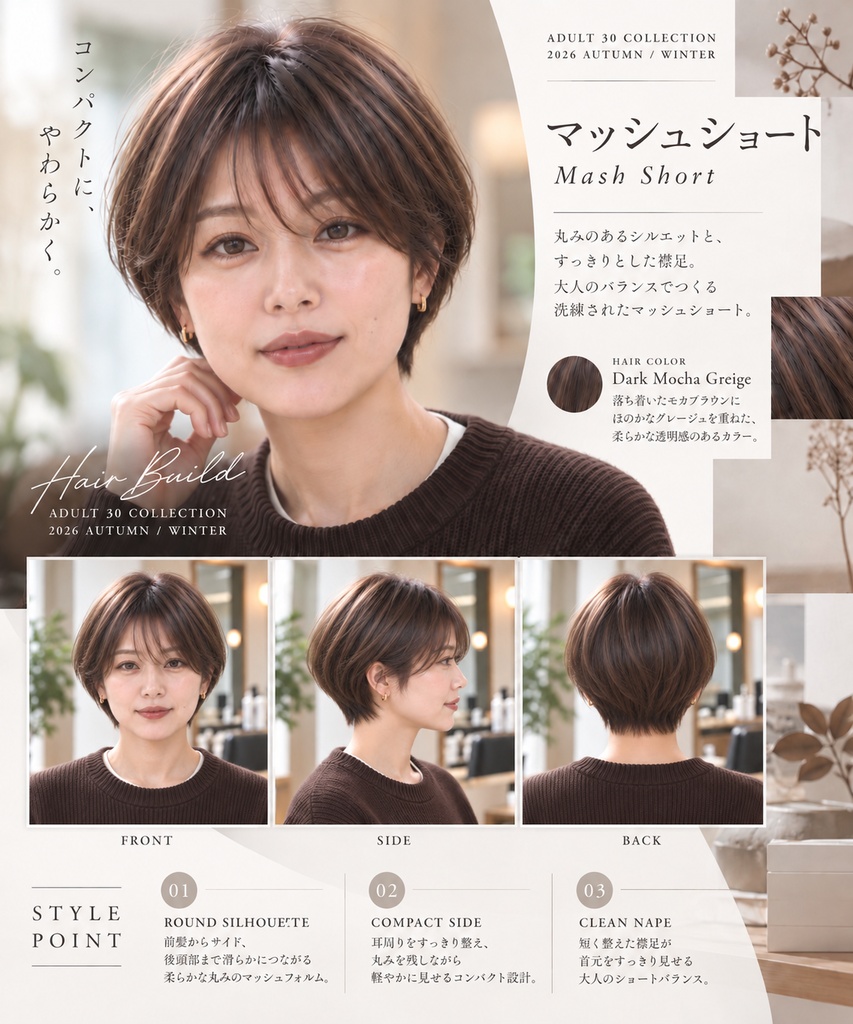 【Hair Build｜ADULT 30 COLLECTION】マッシュショート｜AIヘアカタログ FRONT・SIDE・BACK 3方向セット