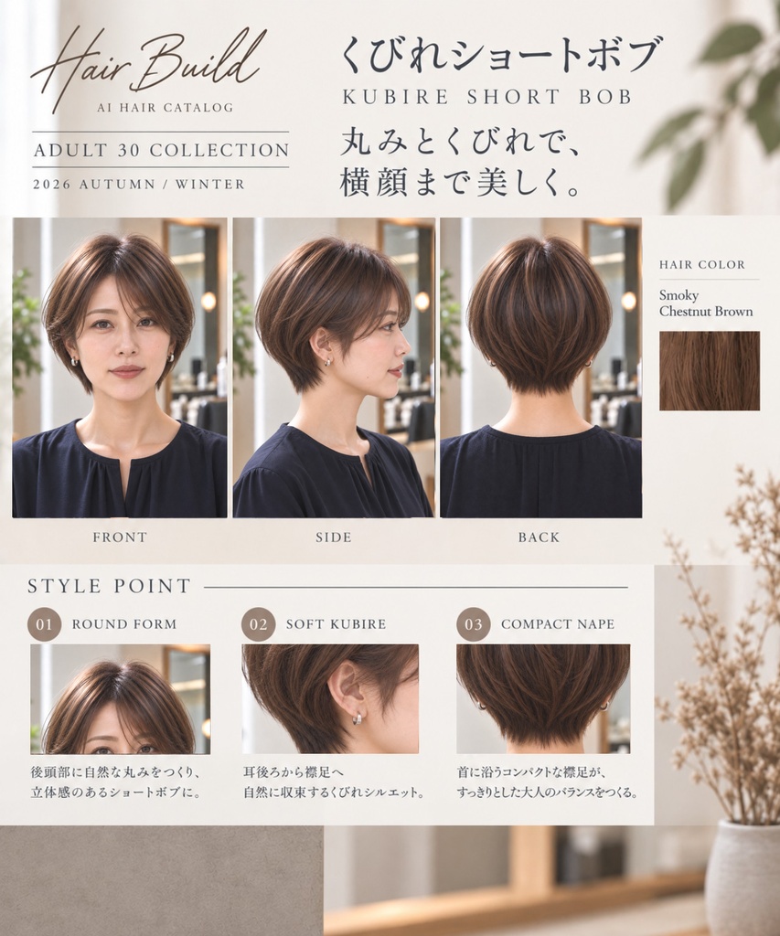 【Hair Build｜ADULT 30 COLLECTION】くびれショートボブ｜AIヘアカタログ FRONT・SIDE・BACK 3方向セット