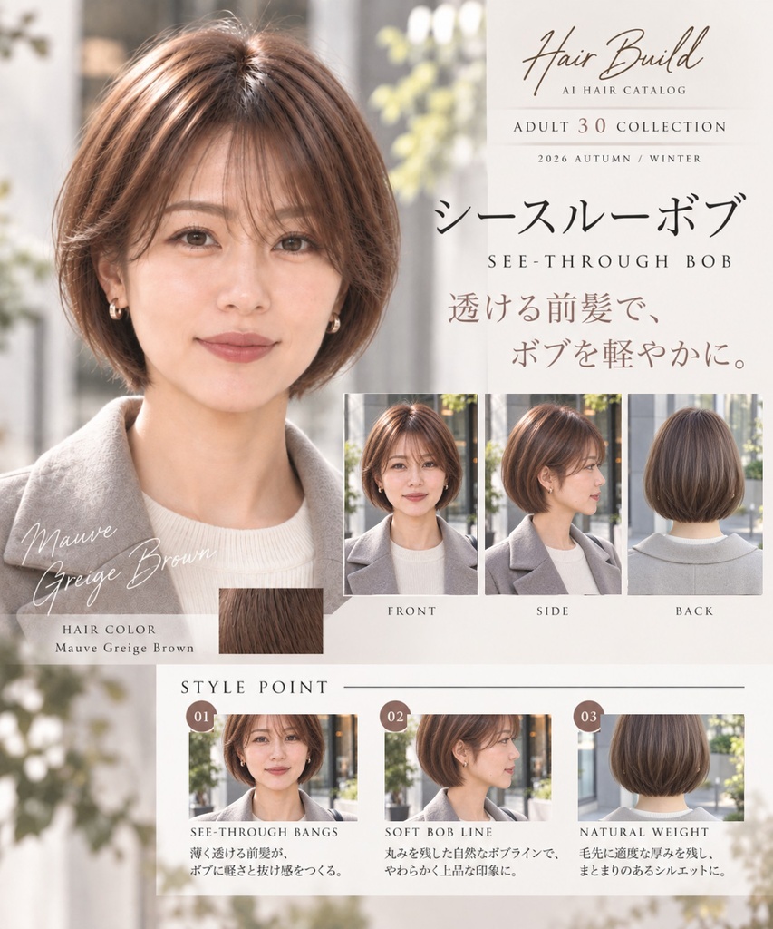 【Hair Build｜ADULT 30 COLLECTION】シースルーボブ｜AIヘアカタログ FRONT・SIDE・BACK 3方向セット