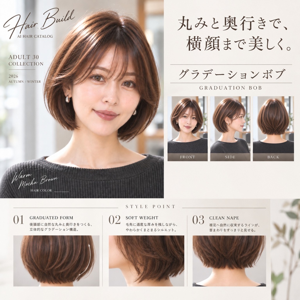 【Hair Build｜ADULT 30 COLLECTION】グラデーションボブ｜AIヘアカタログ FRONT・SIDE・BACK 3方向セット