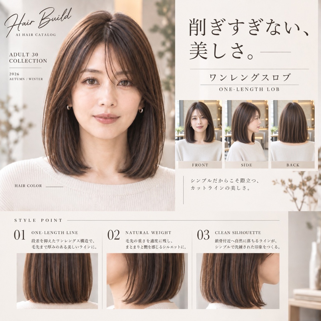 【Hair Build｜ADULT 30 COLLECTION】ワンレングスロブ｜AIヘアカタログ FRONT・SIDE・BACK 3方向セット