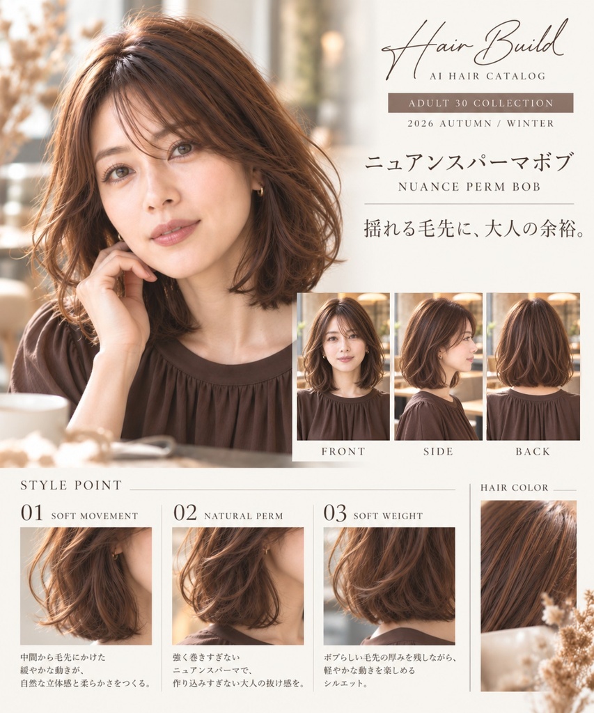 【Hair Build｜ADULT 30 COLLECTION】ニュアンスパーマボブ｜AIヘアカタログ FRONT・SIDE・BACK 3方向セット
