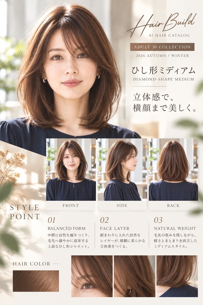 【Hair Build|ADULT 30 COLLECTION】ひし形ミディアム|AIヘアカタログ FRONT・SIDE・BACK 3方向セット
