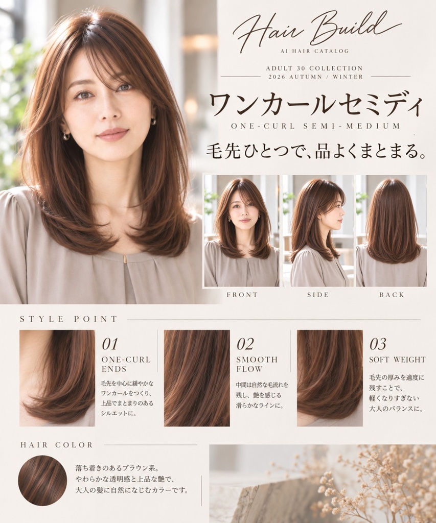 【Hair Build｜ADULT 30 COLLECTION】ワンカールセミディ｜AIヘアカタログ FRONT・SIDE・BACK 3方向セット