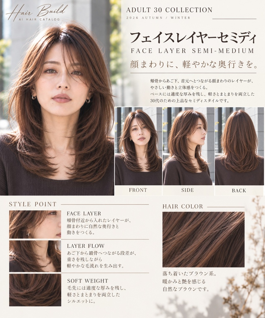 【Hair Build｜ADULT 30 COLLECTION】フェイスレイヤーセミディ｜AIヘアカタログ FRONT・SIDE・BACK 3方向セット