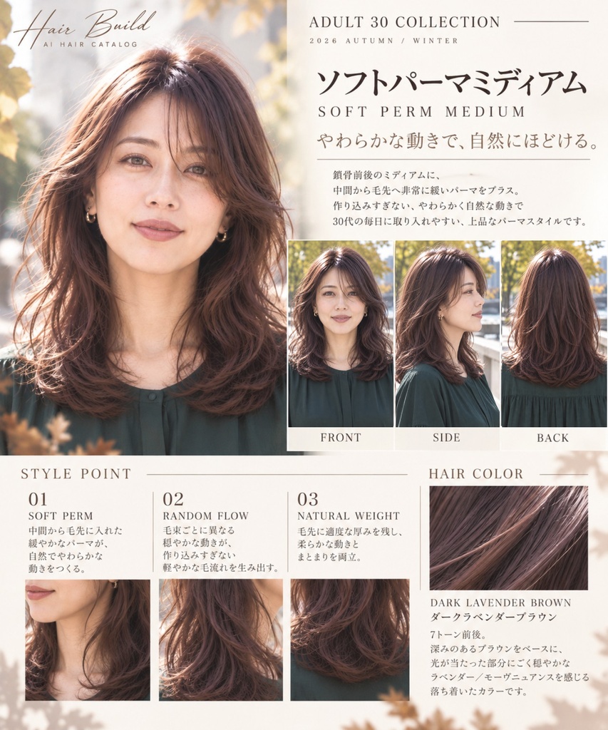 【Hair Build｜ADULT 30 COLLECTION】ソフトパーマミディアム｜AIヘアカタログ FRONT・SIDE・BACK 3方向セット