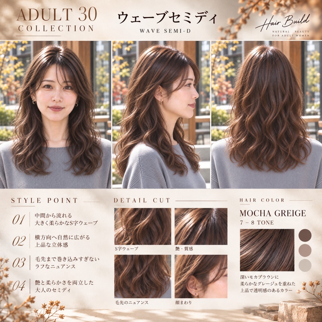 【Hair Build｜ADULT 30 COLLECTION】ウェーブセミディ｜AIヘアカタログ FRONT・SIDE・BACK 3方向セット