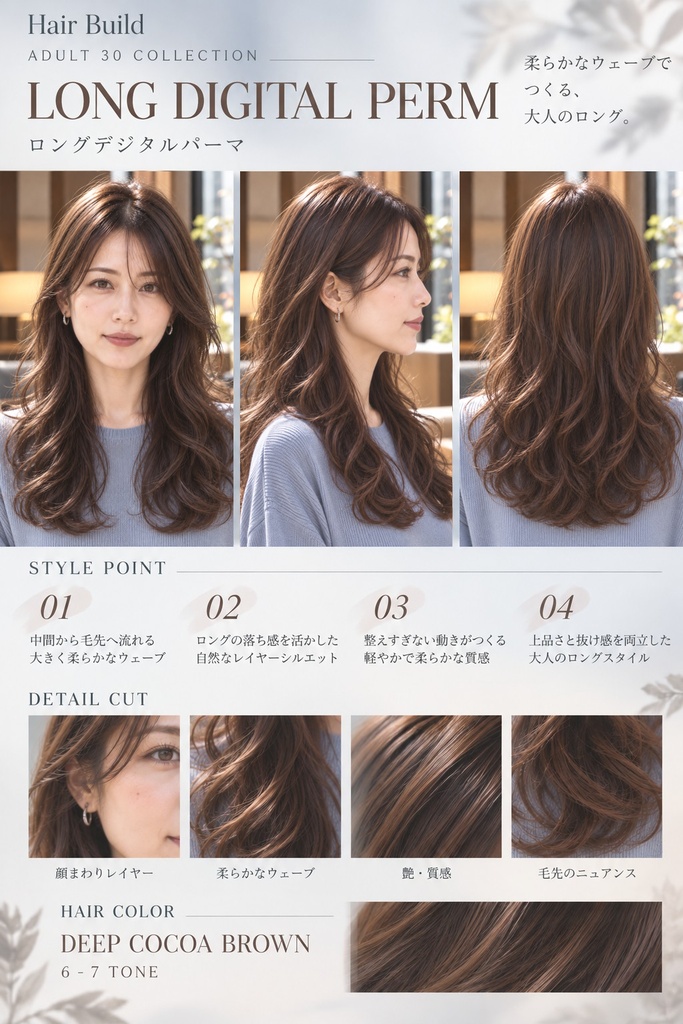 【Hair Build｜ADULT 30 COLLECTION】ロングデジタルパーマ｜AIヘアカタログ FRONT・SIDE・BACK 3方向セット