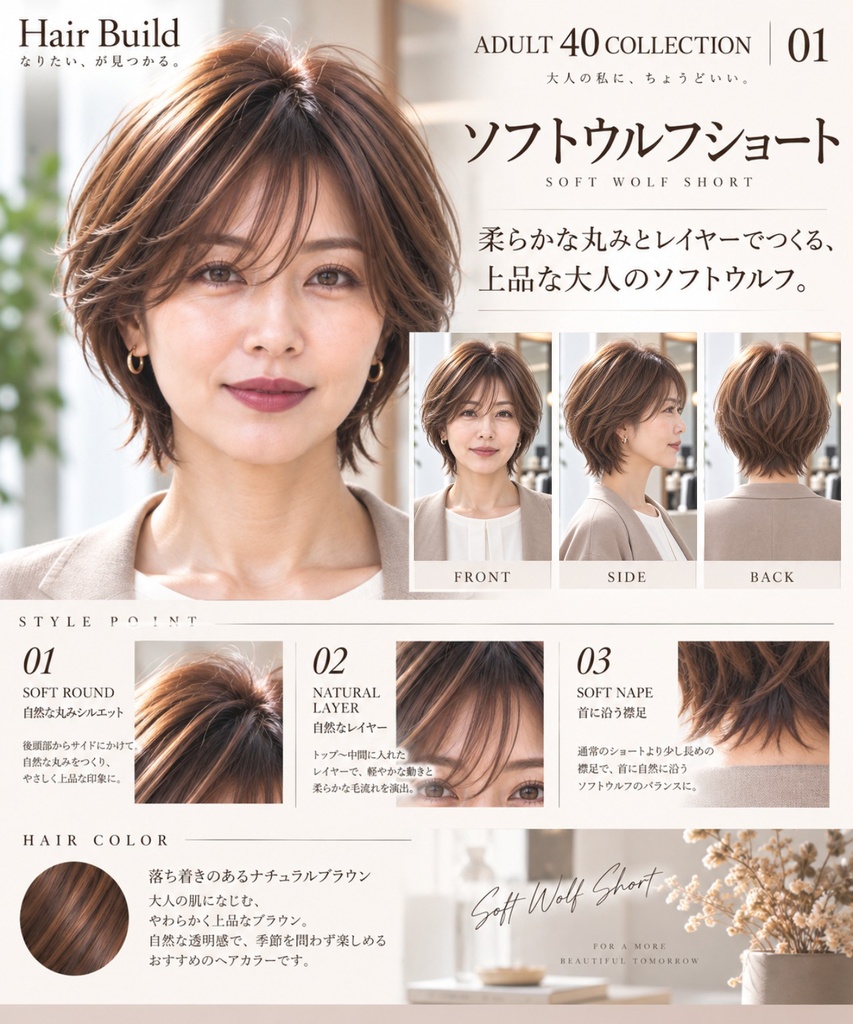 【ADULT 40 COLLECTION】ソフトウルフショート｜AIヘアカタログ FRONT・SIDE・BACK 3方向セット