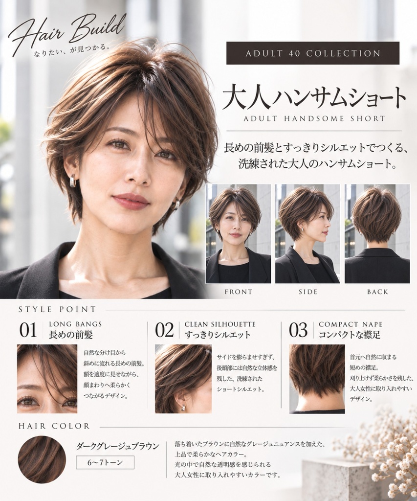 【ADULT 40 COLLECTION】大人ハンサムショート|AIヘアカタログ FRONT・SIDE・BACK 3方向セット