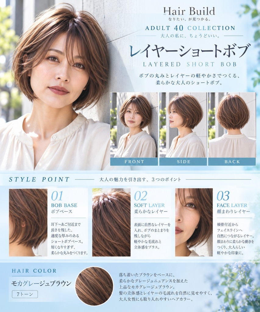 【ADULT 40 COLLECTION】レイヤーショートボブ|AIヘアカタログ FRONT・SIDE・BACK 3方向セット
