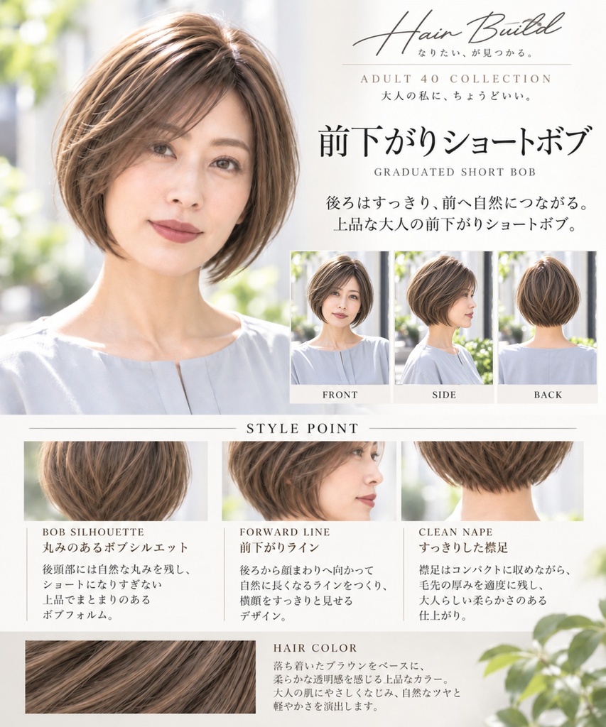 【ADULT 40 COLLECTION】前下がりショートボブ|AIヘアカタログ FRONT・SIDE・BACK 3方向セット