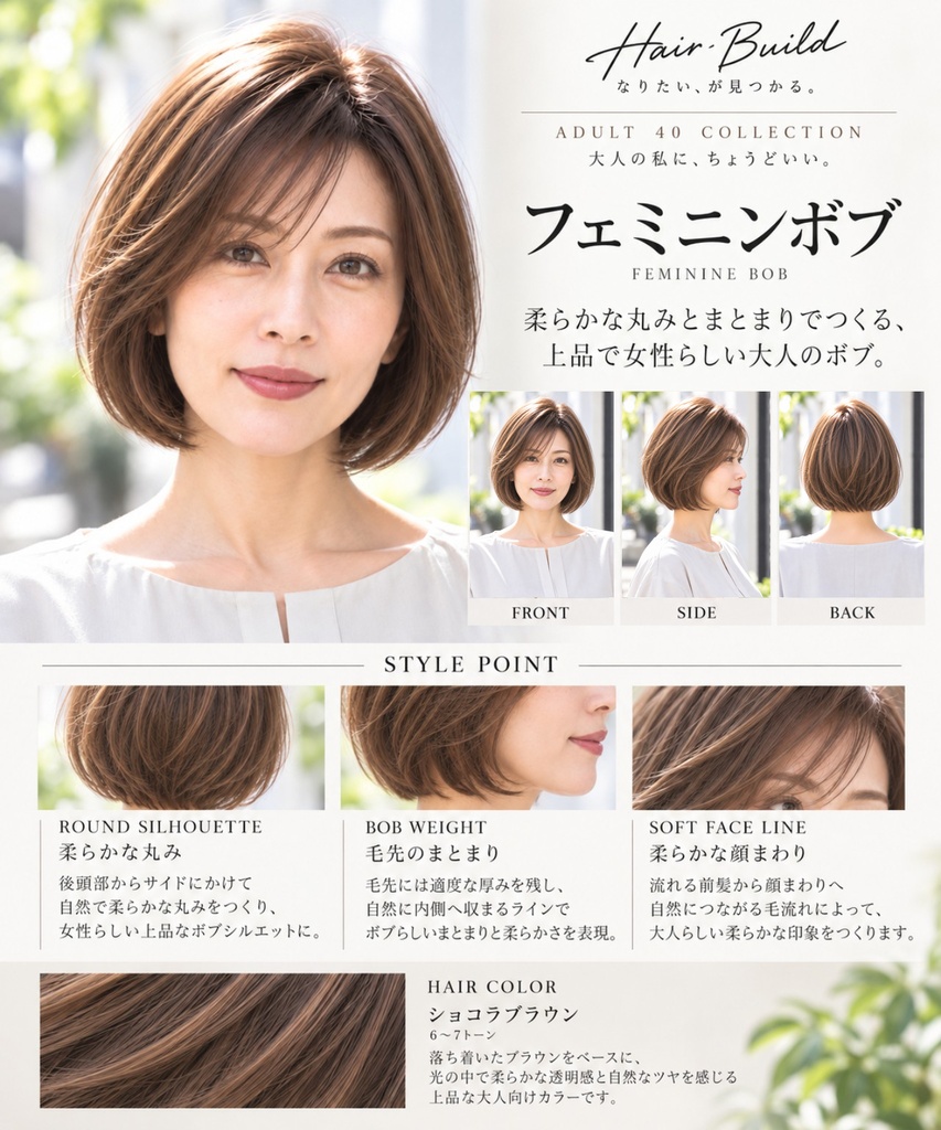 【ADULT 40 COLLECTION】フェミニンボブ｜AIヘアカタログ FRONT・SIDE・BACK 3方向セット