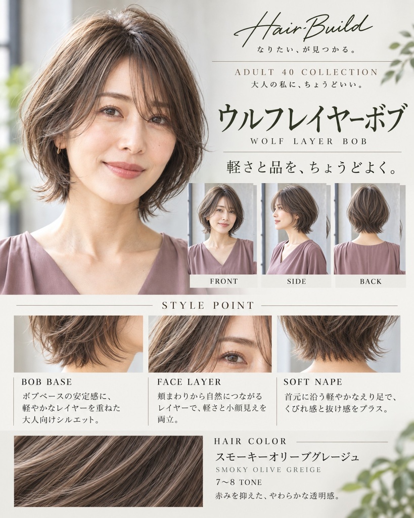 【ADULT 40 COLLECTION】ウルフレイヤーボブ|AIヘアカタログ FRONT・SIDE・BACK 3方向セット