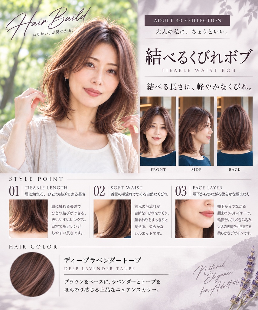 【ADULT 40 COLLECTION】結べるくびれボブ｜AIヘアカタログ FRONT・SIDE・BACK 3方向セット