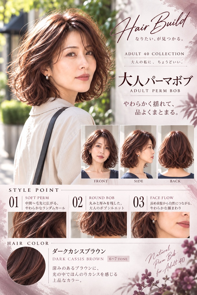【ADULT 40 COLLECTION】大人パーマボブ｜AIヘアカタログ FRONT・SIDE・BACK 3方向セット