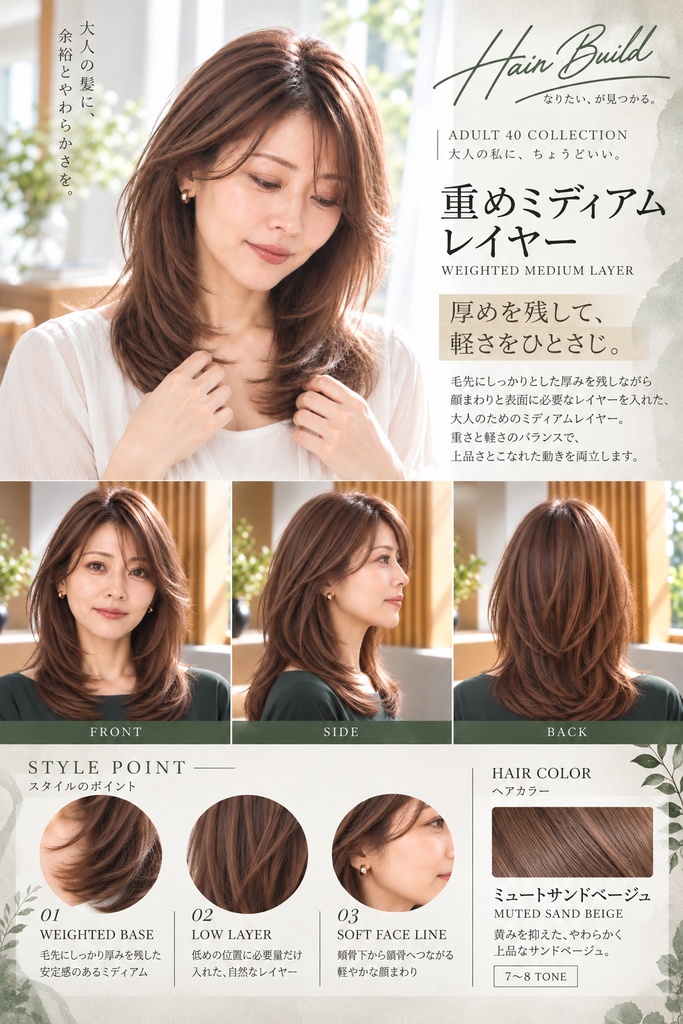 【ADULT 40 COLLECTION】重めミディアムレイヤー|AIヘアカタログ FRONT・SIDE・BACK 3方向セット