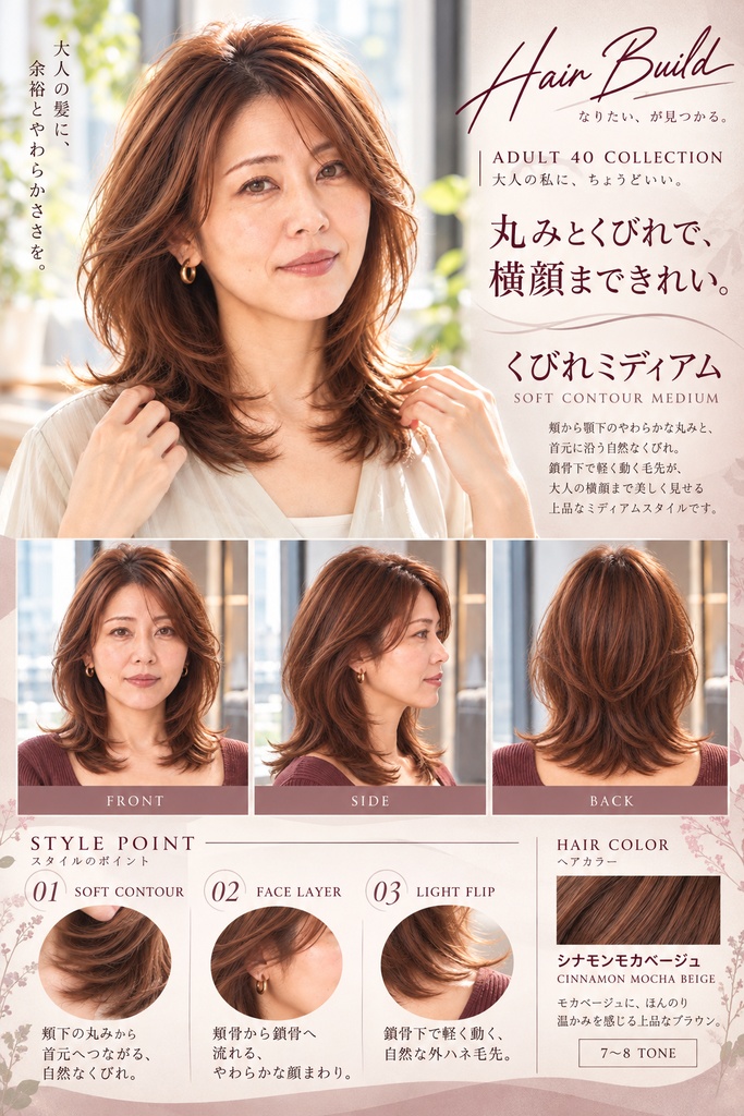 【ADULT 40 COLLECTION】くびれミディアム|AIヘアカタログ FRONT・SIDE・BACK 3方向セット