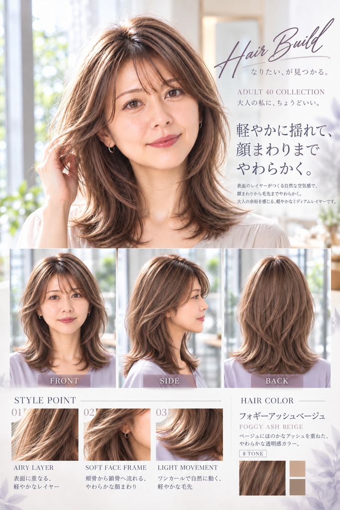 【ADULT 40 COLLECTION】エアリーレイヤーミディアム|AIヘアカタログ FRONT・SIDE・BACK 3方向セット
