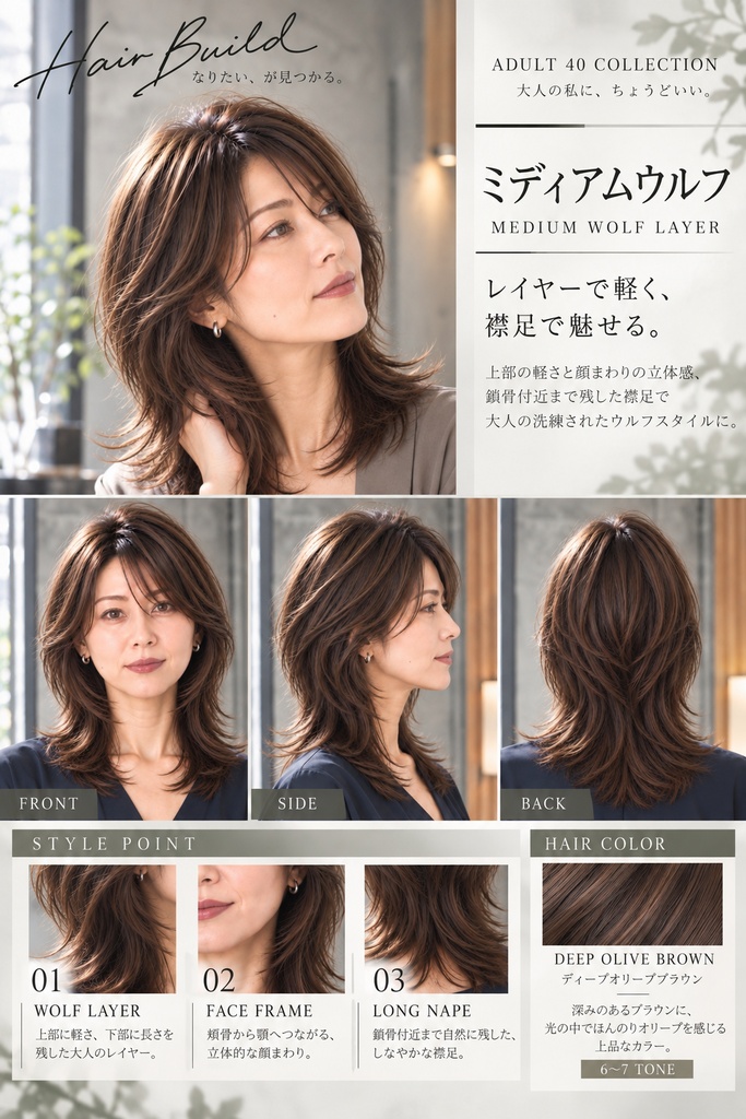 【ADULT 40 COLLECTION】ミディアムウルフ|AIヘアカタログ FRONT・SIDE・BACK 3方向セット