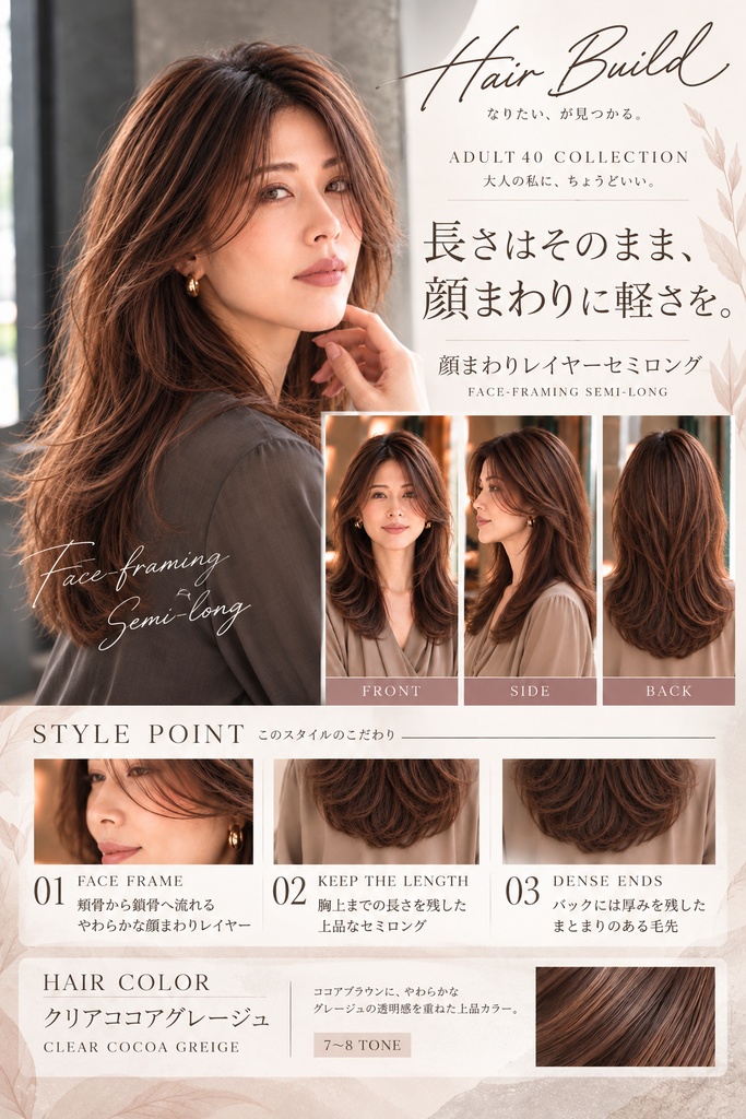 【ADULT 40 COLLECTION】顔まわりレイヤーセミロング|AIヘアカタログ FRONT・SIDE・BACK 3方向セット