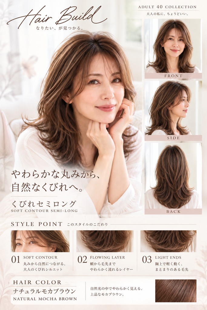 【ADULT 40 COLLECTION】くびれセミロング|AIヘアカタログ FRONT・SIDE・BACK 3方向セット