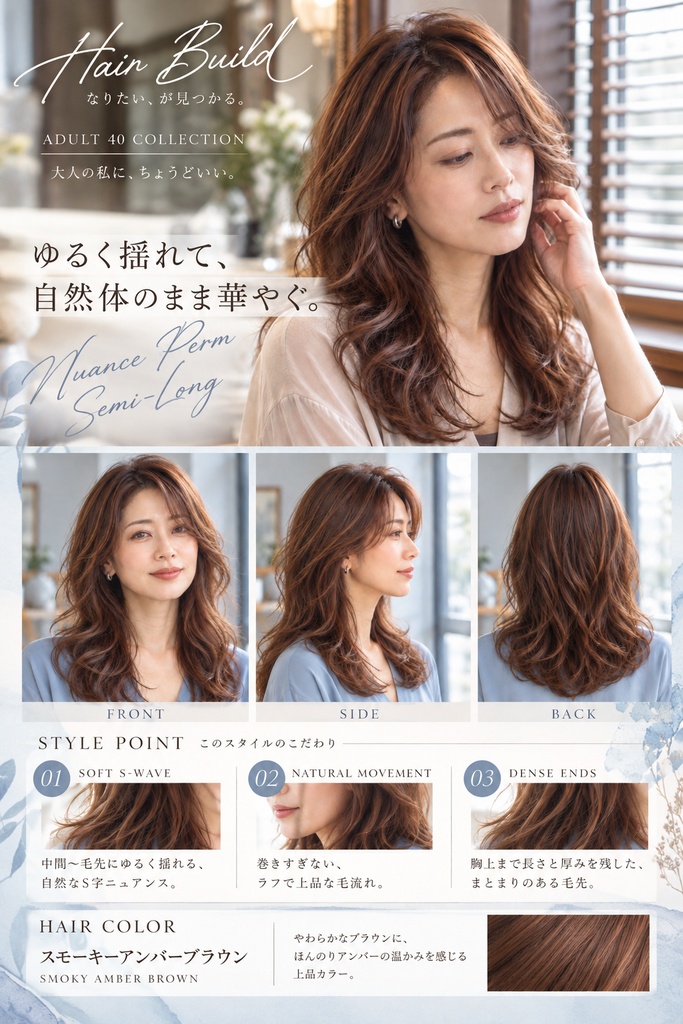 【ADULT 40 COLLECTION】ニュアンスパーマセミロング｜AIヘアカタログ FRONT・SIDE・BACK 3方向セット
