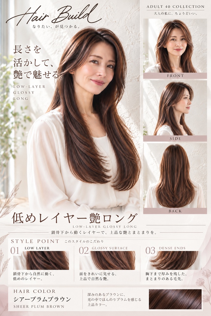 【ADULT 40 COLLECTION】低めレイヤー艶ロング｜AIヘアカタログ FRONT・SIDE・BACK 3方向セット