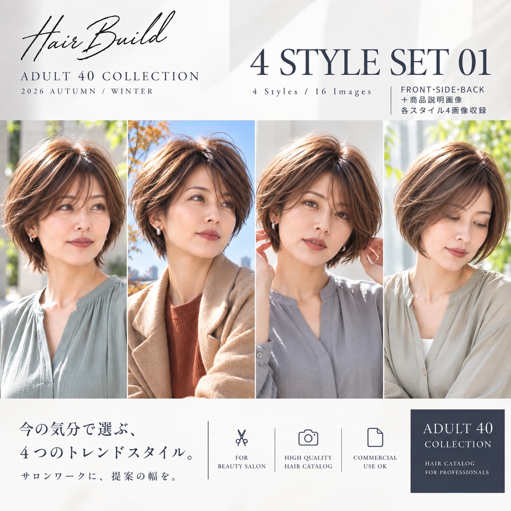 【ADULT 40 COLLECTION】ショート〜ショートボブ 4スタイルセット｜AIヘアカタログ FRONT・SIDE・BACK 3方向セット
