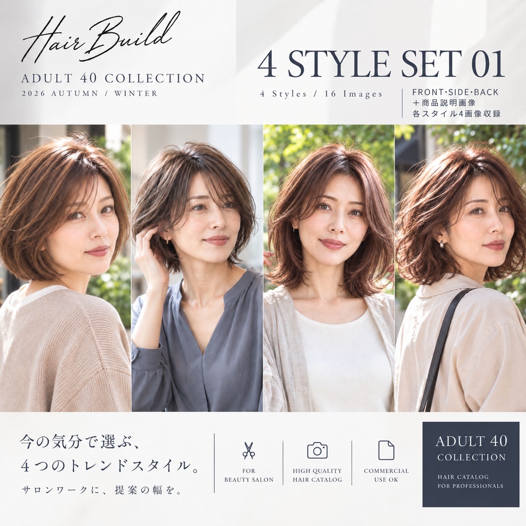 【ADULT 40 COLLECTION】ボブスタイル 4スタイルセット|AIヘアカタログ FRONT・SIDE・BACK 3方向セット