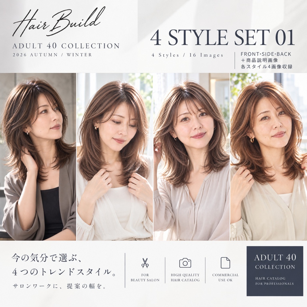 【ADULT 40 COLLECTION】ミディアムヘア 4スタイルセット｜AIヘアカタログ FRONT・SIDE・BACK 3方向セット