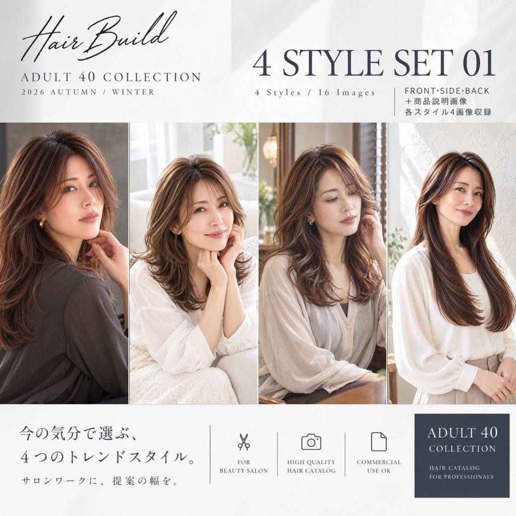 【ADULT 40 COLLECTION】セミロング〜ロング 4スタイルセット|AIヘアカタログ FRONT・SIDE・BACK 3方向セット