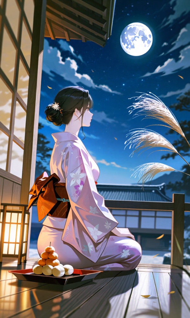 お月見と女性 オリジナルAIイラスト 18枚