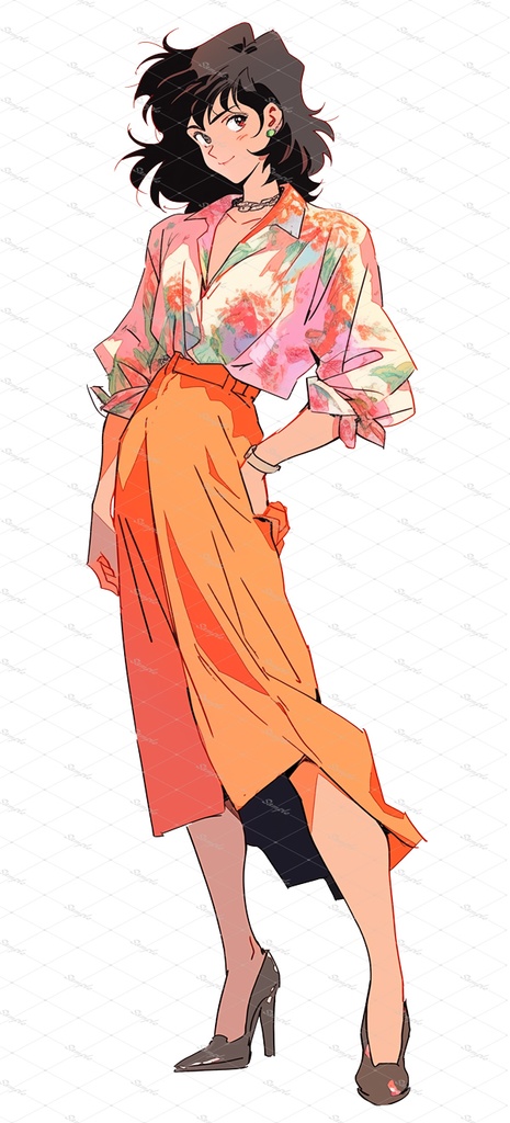 レトロ風女性キャラクター立ち絵素材4点+おまけ背景4点