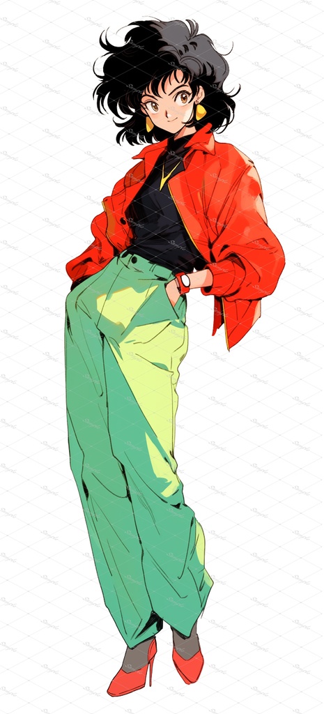 レトロ風女性キャラクター立ち絵素材4点+おまけ背景4点