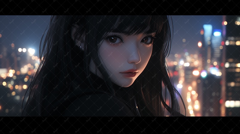 夜景と振り返る彼女(全7枚入り)