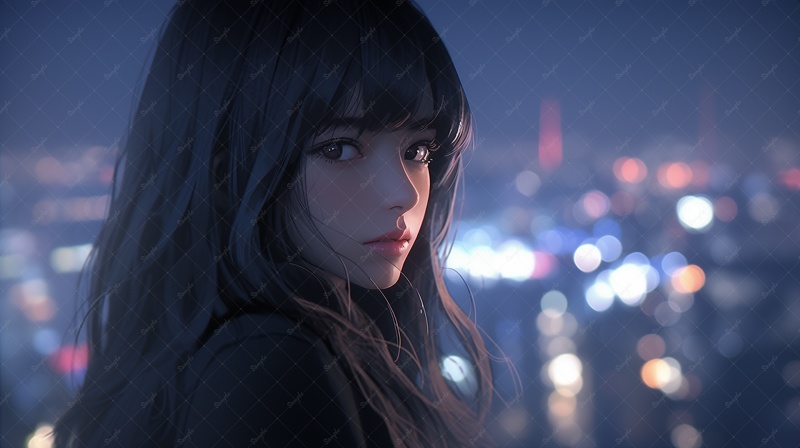 夜景と振り返る彼女(全7枚入り)