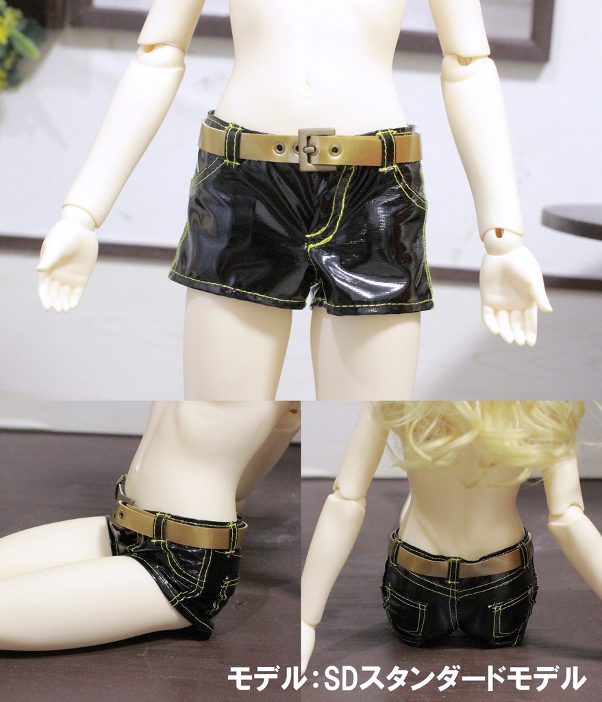 SD用ドール服　レザーショートパンツ　ブラック