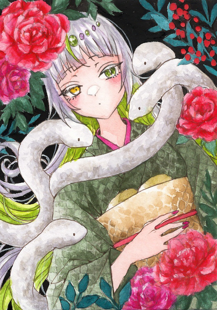 【額装原画】蛇に牡丹