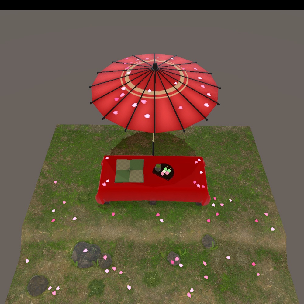 桜散る野点傘とベンチ【BuiltIn】