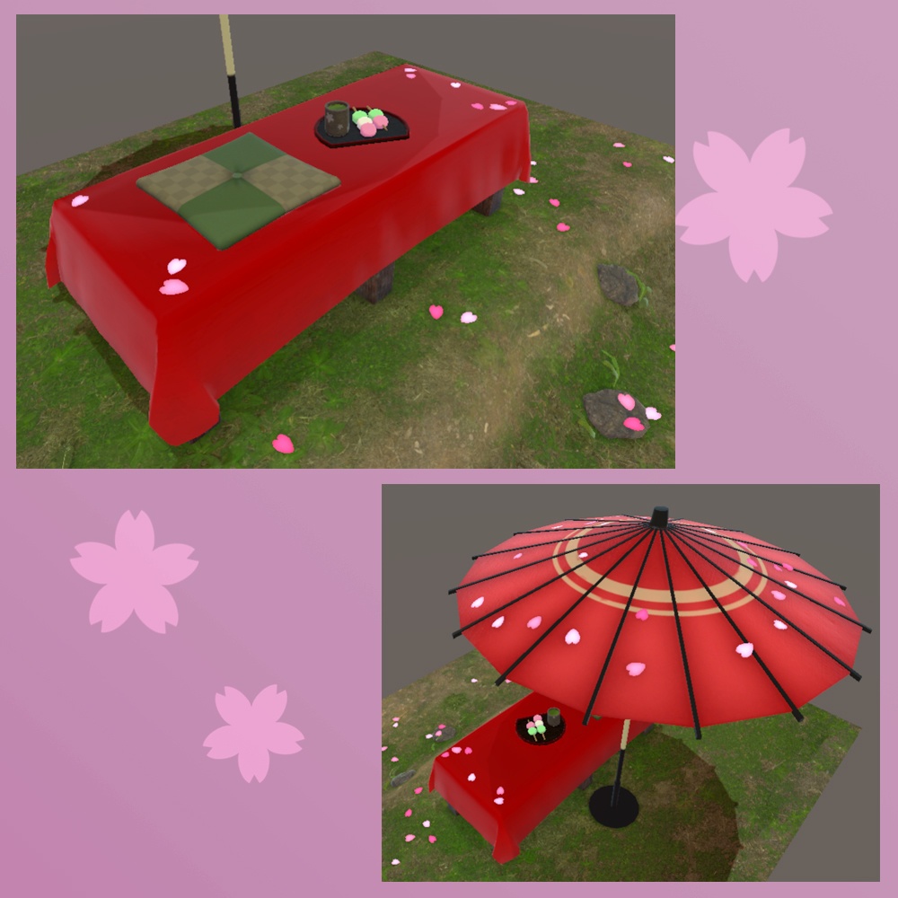 桜散る野点傘とベンチ【BuiltIn】