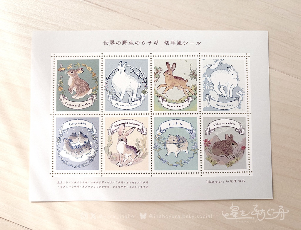 世界の野生のウサギ 切手風シール